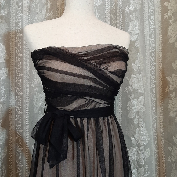 Mystic Black Beige Lace Floral Strapless Cocktail Midi Dress w Ribbon, Size S - Picture 6 of 12